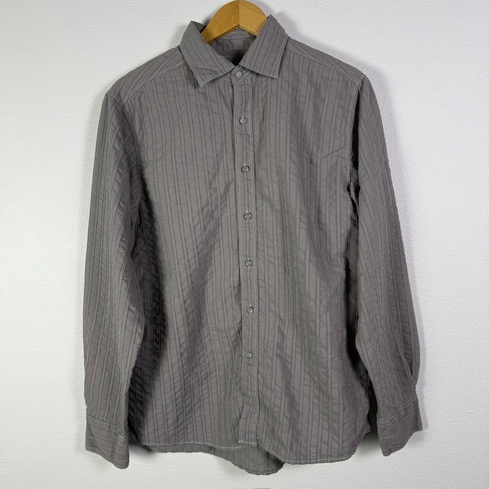 Duke's Sportswear Button Down Mens L Grey Fair Textured Stripe Long Sleeve Shirt